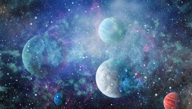 Gezegen ve galaksinin yıldızları serbest uzayda. Bu görüntünün elementleri NASA tarafından desteklenmektedir .