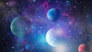 Gezegen ve galaksinin yıldızları serbest uzayda. Bu görüntünün elementleri NASA tarafından desteklenmektedir .