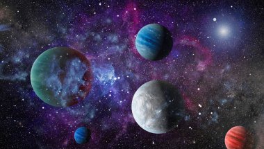 Gezegen ve galaksinin yıldızları serbest uzayda. Bu görüntünün elementleri NASA tarafından desteklenmektedir .