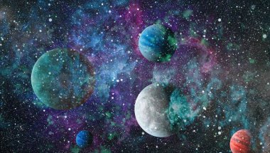 Gezegen ve galaksinin yıldızları serbest uzayda. Bu görüntünün elementleri NASA tarafından desteklenmektedir .