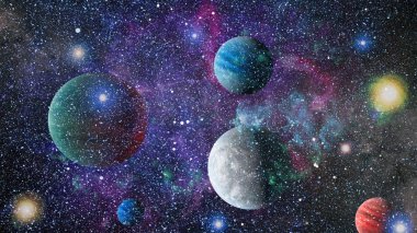 Gezegen ve galaksinin yıldızları serbest uzayda. Bu görüntünün elementleri NASA tarafından desteklenmektedir .