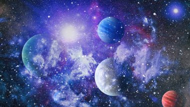 Gezegen ve galaksinin yıldızları serbest uzayda. Bu görüntünün elementleri NASA tarafından desteklenmektedir .