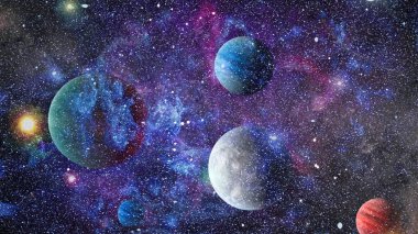 Gezegen ve galaksinin yıldızları serbest uzayda. Bu görüntünün elementleri NASA tarafından desteklenmektedir .