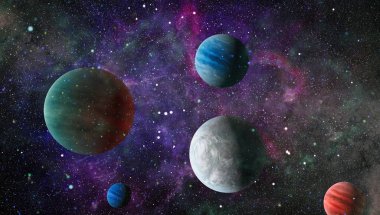 Gezegen ve galaksinin yıldızları serbest uzayda. Bu görüntünün elementleri NASA tarafından desteklenmektedir .