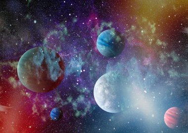 Gezegen ve galaksinin yıldızları serbest uzayda. Bu görüntünün elementleri NASA tarafından desteklenmektedir .