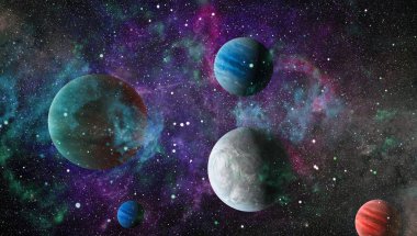 Gezegen ve galaksinin yıldızları serbest uzayda. Bu görüntünün elementleri NASA tarafından desteklenmektedir .