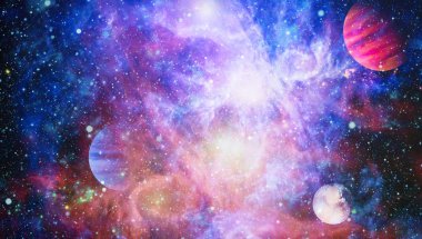 Gezegen ve galaksinin yıldızları serbest uzayda. Bu görüntünün elementleri NASA tarafından desteklenmektedir .