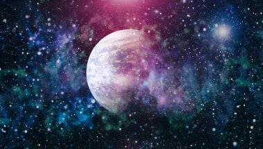 Gezegen ve galaksinin yıldızları serbest uzayda. Bu görüntünün elementleri NASA tarafından desteklenmektedir .