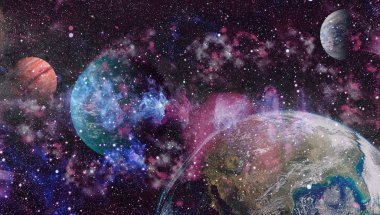 Uzayda ateşli bir patlama. Evrenin soyut çizimi. Bu görüntünün elementleri NASA tarafından desteklenmektedir