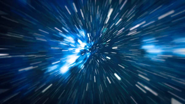 Abstrakt warp nebo hyperprostorového pohybu v modré hvězdné stezce. — Stock fotografie