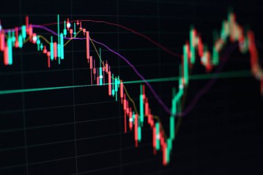 Grafikler, diyagramlar, finansal rakamlar. Eski çizelge. Soyut parlayan ön x grafik arayüz duvar kağıdı. Yatırım, ticaret, hisse senedi, finans ve analiz kavramı.