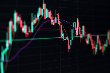 Grafikler, diyagramlar, finansal rakamlar. Eski çizelge. Soyut parlayan ön x grafik arayüz duvar kağıdı. Yatırım, ticaret, hisse senedi, finans ve analiz kavramı.
