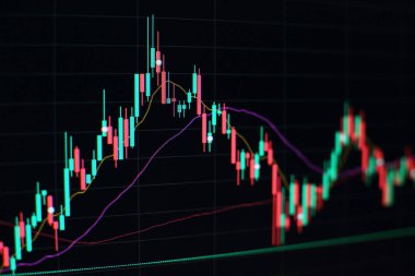 Grafikler, diyagramlar, finansal rakamlar. Eski çizelge. Soyut parlayan ön x grafik arayüz duvar kağıdı. Yatırım, ticaret, hisse senedi, finans ve analiz kavramı.
