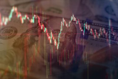 Technical price graph and indicator, red and green candlestick chart on blue theme screen, market volatility, up and down trend. Stock trading, crypto currency background. clipart