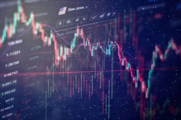 Företags- och finanskonceptnummer på monitorn. Bakgrund av guld och blått digitalt diagram för att representera aktiemarknaden trend. Ljusstake diagram kontor byggnad bakgrund. — Stockfoto