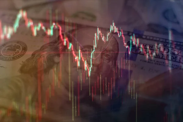 Technische prijs grafiek en indicator, rode en groene kandelaar grafiek op blauw thema scherm, marktvolatiliteit, up and down trend. Beurshandel, crypto valuta achtergrond. — Stockfoto