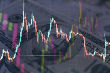 Monitörde soyut finansal ticaret grafikleri. Para birimi çubukları ve mumlar ile arka plan