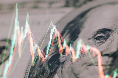 Borsa grafiği öndeki ekranda. Finans ve yatırım konsepti. Seçici odaklanma. Profesyonel teknik olarak hacim analizi de dahil olmak üzere çeşitli göstergelere sahip finansal araçların grafikleri 