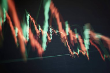 Borsa grafiği öndeki ekranda. Finans ve yatırım konsepti. Seçici odaklanma. Profesyonel teknik olarak hacim analizi de dahil olmak üzere çeşitli göstergelere sahip finansal araçların grafikleri 