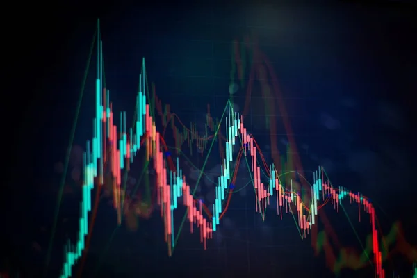 Gráficos de trading financiero abstracto en monitor. Fondo con barras de moneda y velas — Foto de Stock