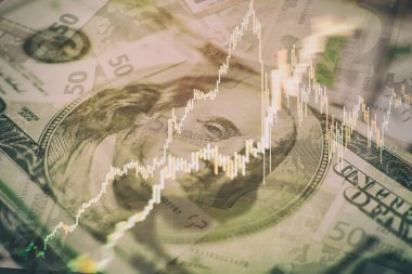 Borsa grafiği öndeki ekranda. Finans ve yatırım konsepti. Seçici odaklanma. Profesyonel teknik olarak hacim analizi de dahil olmak üzere çeşitli göstergelere sahip finansal araçların grafikleri 