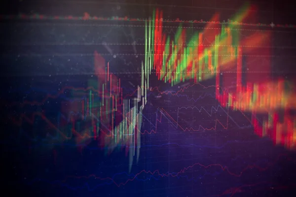 Diagramy abstraktního finančního obchodování na monitoru. Pozadí s pruhy měn a svíčkami — Stock fotografie