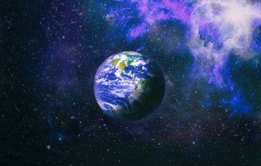 Galaksideki Dünya gezegeni bilim tasarımı için kullanılıyor. Dünya ve galaksiler uzayda. Bilim kurgu sanatı. Bu görüntünün elementleri Nasa tarafından döşenmiştir.