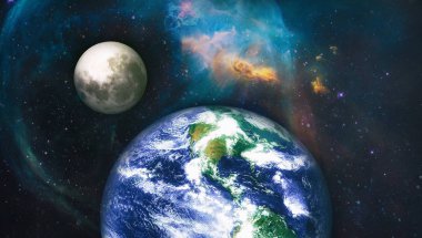 Galaksideki Dünya gezegeni bilim tasarımı için kullanılıyor. Dünya ve galaksiler uzayda. Bilim kurgu sanatı. Bu görüntünün elementleri Nasa tarafından döşenmiştir.