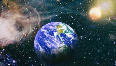 Galaksideki Dünya gezegeni bilim tasarımı için kullanılıyor. Dünya ve galaksiler uzayda. Bilim kurgu sanatı. Bu görüntünün elementleri Nasa tarafından döşenmiştir.