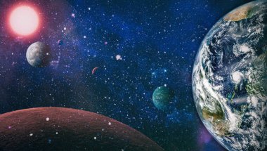 Galaksideki Dünya gezegeni bilim tasarımı için kullanılıyor. Dünya ve galaksiler uzayda. Bilim kurgu sanatı. Bu görüntünün elementleri Nasa tarafından döşenmiştir.