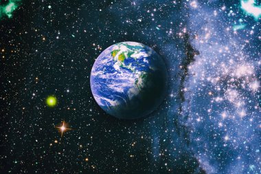 Galaksideki Dünya gezegeni bilim tasarımı için kullanılıyor. Dünya ve galaksiler uzayda. Bilim kurgu sanatı. Bu görüntünün elementleri Nasa tarafından döşenmiştir.