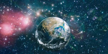 Galaksideki Dünya gezegeni bilim tasarımı için kullanılıyor. Dünya ve galaksiler uzayda. Bilim kurgu sanatı. Bu görüntünün elementleri Nasa tarafından döşenmiştir.