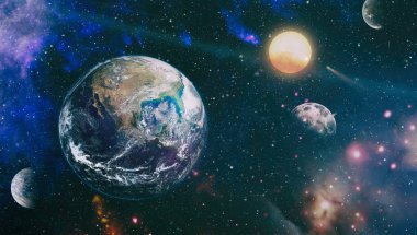 Galaksideki Dünya gezegeni bilim tasarımı için kullanılıyor. Dünya ve galaksiler uzayda. Bilim kurgu sanatı. Bu görüntünün elementleri Nasa tarafından döşenmiştir.