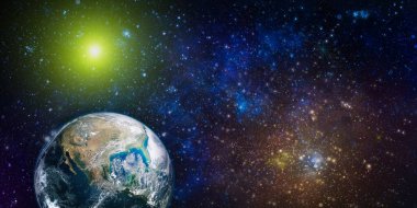 Galaksideki Dünya gezegeni bilim tasarımı için kullanılıyor. Dünya ve galaksiler uzayda. Bilim kurgu sanatı. Bu görüntünün elementleri Nasa tarafından döşenmiştir.