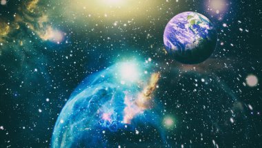 Galaksideki Dünya gezegeni bilim tasarımı için kullanılıyor. Dünya ve galaksiler uzayda. Bilim kurgu sanatı. Bu görüntünün elementleri Nasa tarafından döşenmiştir.