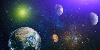 Galaksideki Dünya gezegeni bilim tasarımı için kullanılıyor. Dünya ve galaksiler uzayda. Bilim kurgu sanatı. Bu görüntünün elementleri Nasa tarafından döşenmiştir.