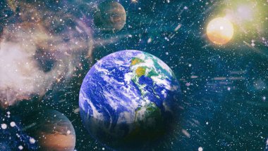 Galaksideki Dünya gezegeni bilim tasarımı için kullanılıyor. Dünya ve galaksiler uzayda. Bilim kurgu sanatı. Bu görüntünün elementleri Nasa tarafından döşenmiştir.