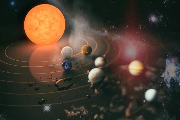 Планета Солнечной системы, комета, солнце и звезда. Солнце, ртуть, Венера, планета Земля, Марс, Юпитер, Сатурн, Уран, Нептун. Элементы этого изображения предоставлены НАСА . — стоковое фото