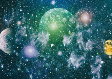 Güzel gece gökyüzü, uzayda yıldız. Uzay, bilim ve eğitim öğeleri üzerine kolaj. Nasa tarafından döşenmiş bu görüntünün elemanları.