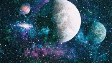 Siyah arka plan üzerinde Parlak parlak mavi yıldız parçacık hareketi, evren Uzay arka planda galakside yıldız ışığı bulutsusu. Nasa tarafından döşenmiş bu görüntü