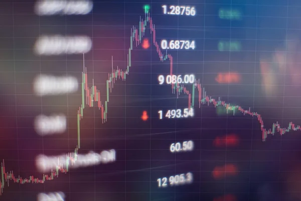 Absztrakt Pénzügyi Kereskedési Grafikonok Monitoron Háttér Pénznemsávokkal Gyertyákkal — Stock Fotó