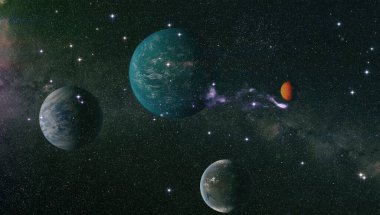 Yıldızlar, bulutsular ve gaz yoğunluğu olan bir galaksi. Bu görüntünün elementleri NASA tarafından desteklenmektedir.