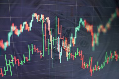 Teknik fiyat grafiği ve göstergesi, mavi ekranda kırmızı ve yeşil şamdan grafiği, piyasa dalgalanması, yükseliş ve düşüş eğilimi. Hisse senedi ticareti, kripto para birimi geçmişi.