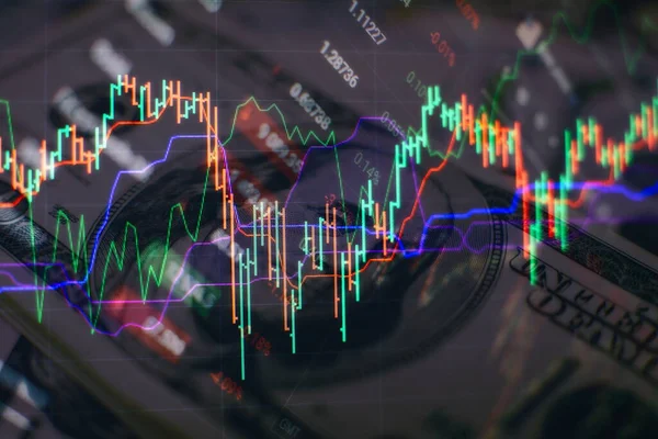 Technical price graph and indicator, red and green candlestick chart on blue theme screen, market volatility, up and down trend. Stock trading, crypto currency background.