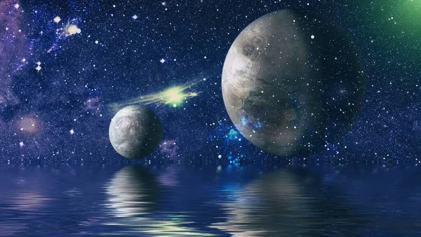 Gyönyörű Szokatlan Űrbolygó Űrben Tükröződik Vízben Galaxis Csillagok Éjszakai Égbolt — Stock Fotó