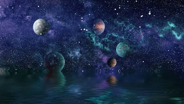 Krásná Neobvyklá Vesmírná Planeta Vesmíru Odráží Vodě Galaxie Hvězdy Noční — Stock fotografie