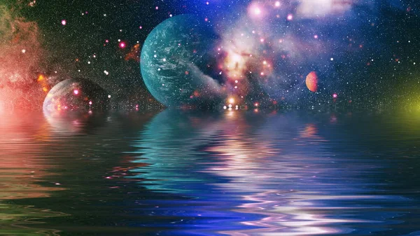 水に反射した宇宙空間の中の美しい珍しい宇宙惑星 銀河系の夜空 この画像の要素Nasaによって提供された — ストック写真