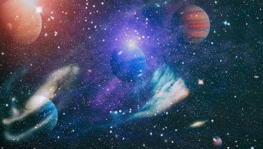 Uzaydaki gezegenler, yıldızlar ve galaksiler uzay keşiflerinin güzelliğini gösteriyor. NASA tarafından döşenmiş elementler