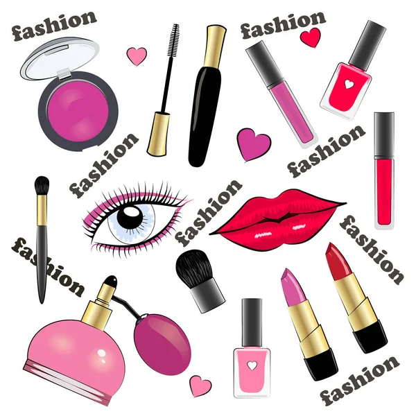 Set de cosméticos dibujados a mano. Esmalte de uñas, rímel, lápiz labial, sombras de ojos, pincel, polvo, brillo de labios.Vector ilustración . — Vector de stock