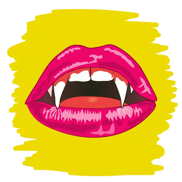 Labios de vampiro hembra con lápiz labial rosa brillante.Ilustración vectorial — Vector de stock